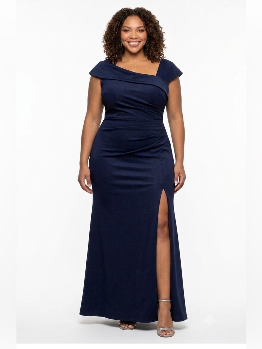 XSCAPE Navy Blue Ruched Maxi Dress 14 NWT Formal Evening Wedding Guest Gown